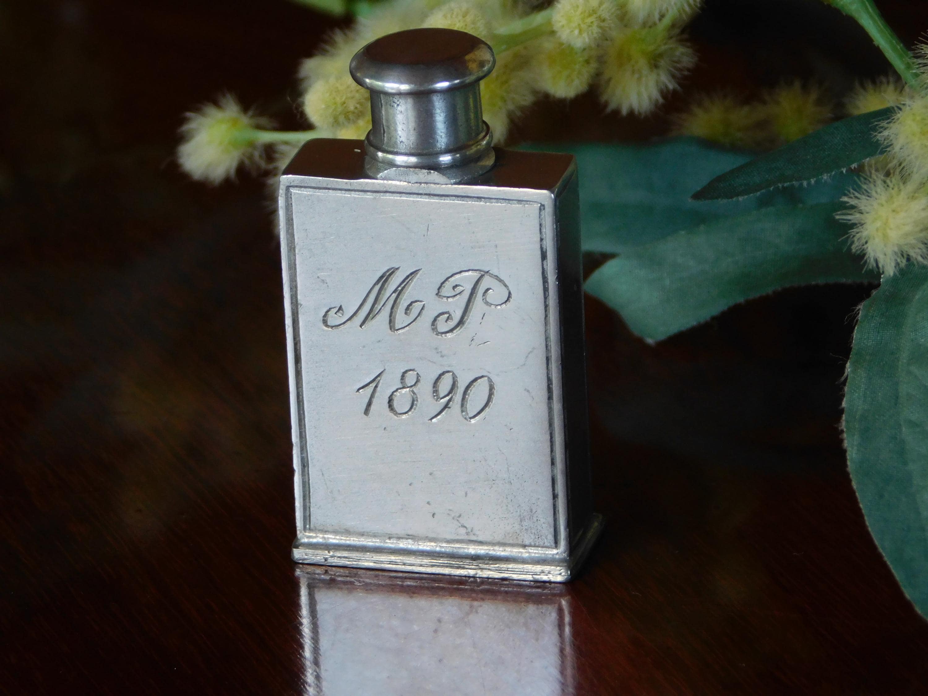 VINTAGE PEWTER PERFUME Bottle.pewter Scent Bottle M.P. 1890