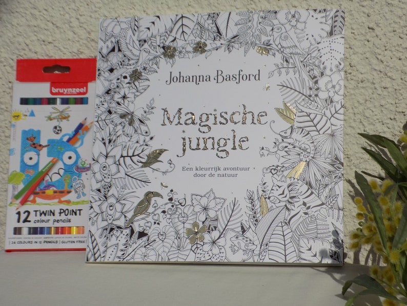 K&ouml;nnte beinhalten: Ein Malbuch mit dem Titel "Magische Jungle" von Johanna Basford. Der Umschlag zeigt eine detaillierte Illustration einer Dschungelszene mit goldenen Akzenten. Eine Schachtel mit 12 doppelseitigen Farbstiften ist ebenfalls abgebildet.