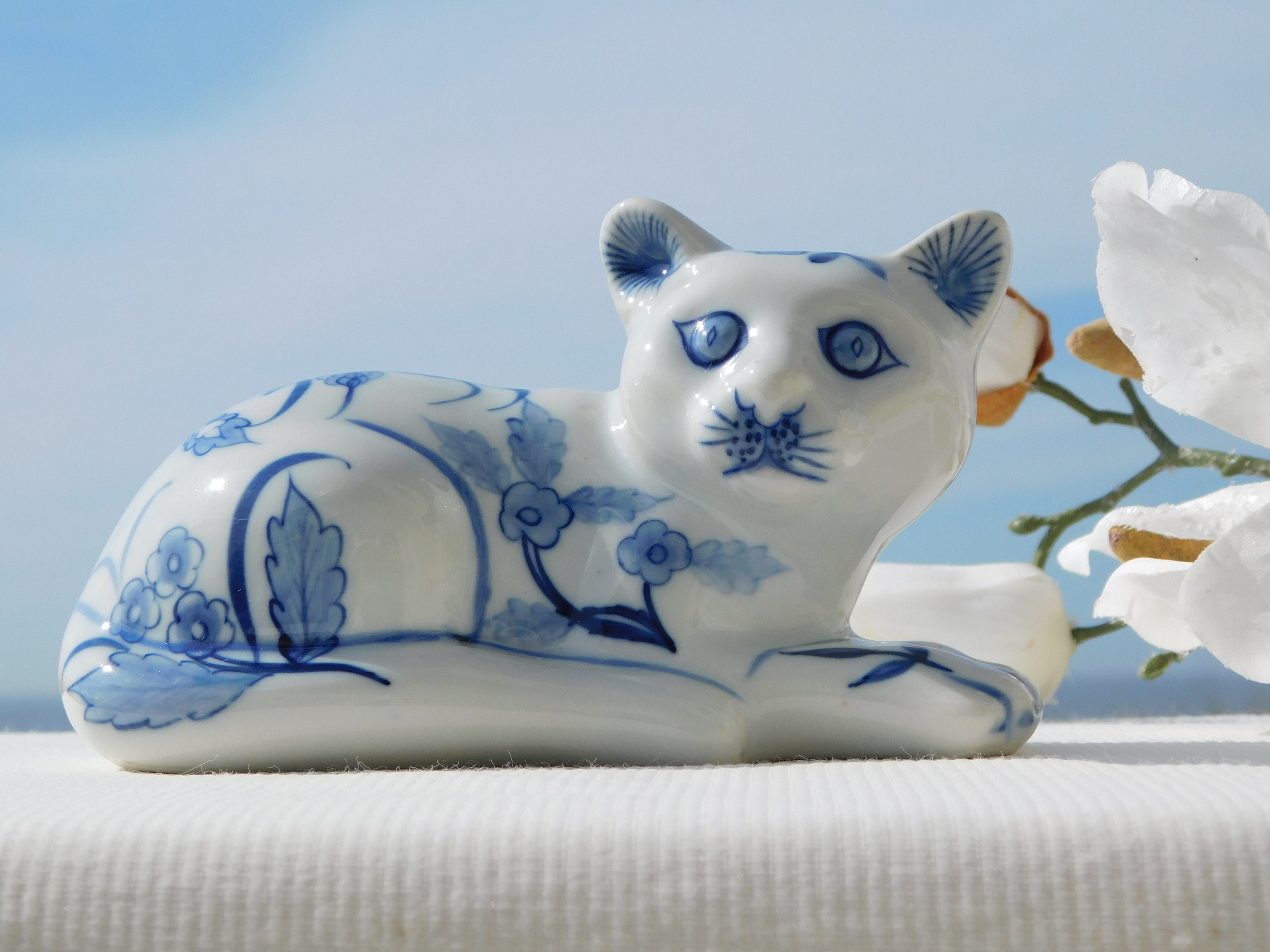 VINTAGE BLUE WHITE Porcelain Cat Figurine.floral Decorated Cat
