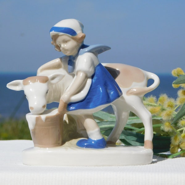 FARM GIRL WITh Calf Figurine.Porcelain Carl Scheidig Grafenthal Figurine.Green Crossed Swords 1859 Marking.Hand Painted Underglaze #19.Nice!