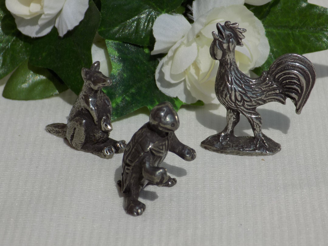 TURTLE ROAST KANGAROO. Vintage Pewter Figurines.turtle.kangaroo.rooster.threepiece Set.pewter