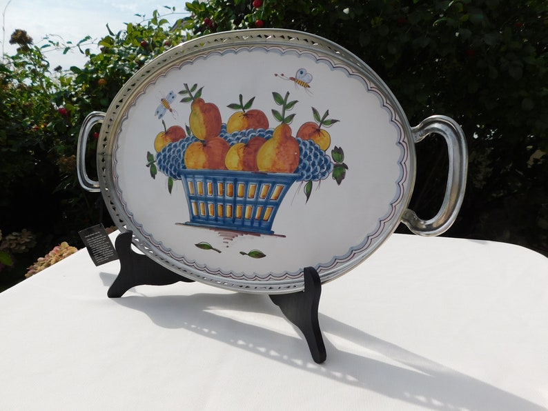 PORCELAIN PEWTER SERVING Tray.Makkum Y Gelria Tin.Vintage Hand Painted Porcelain Pewter Serving Tray.Serving Tray Makkum.Serving Tray Gelria Tin! image 5