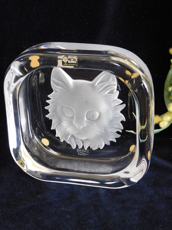 クリスタル灰皿（猫）フランスSevres CRISTAL DE SEVRES Cat Ashtray.vintage Sevres Crystal Frosted
