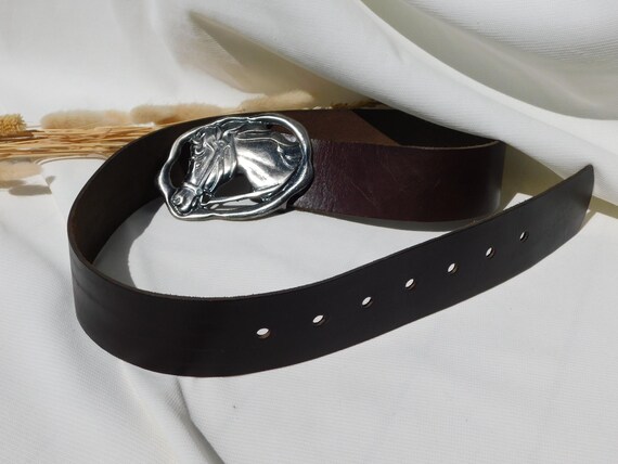 HORSE HEAD BELT Buckle.brown Leather Belt With Large Silver  display picture 2