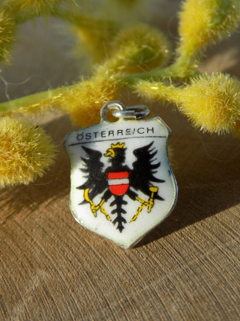 K&ouml;nnte beinhalten: Ein kleiner, schildf&ouml;rmiger Anh&auml;nger mit dem Wort "&Ouml;STERREICH" oben. Der Anh&auml;nger zeigt das &ouml;sterreichische Wappen: einen schwarzen Adler mit einem rot-wei&szlig;em Schild auf der Brust. Der Anh&auml;nger hat einen silberfarbenen Rand und eine kleine Schlaufe oben.