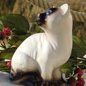 May include: A ceramic figurine of a Siamese cat sitting with its head tilted up. The cat is white with black markings on its face, ears, and tail. The figurine is painted in a realistic style.