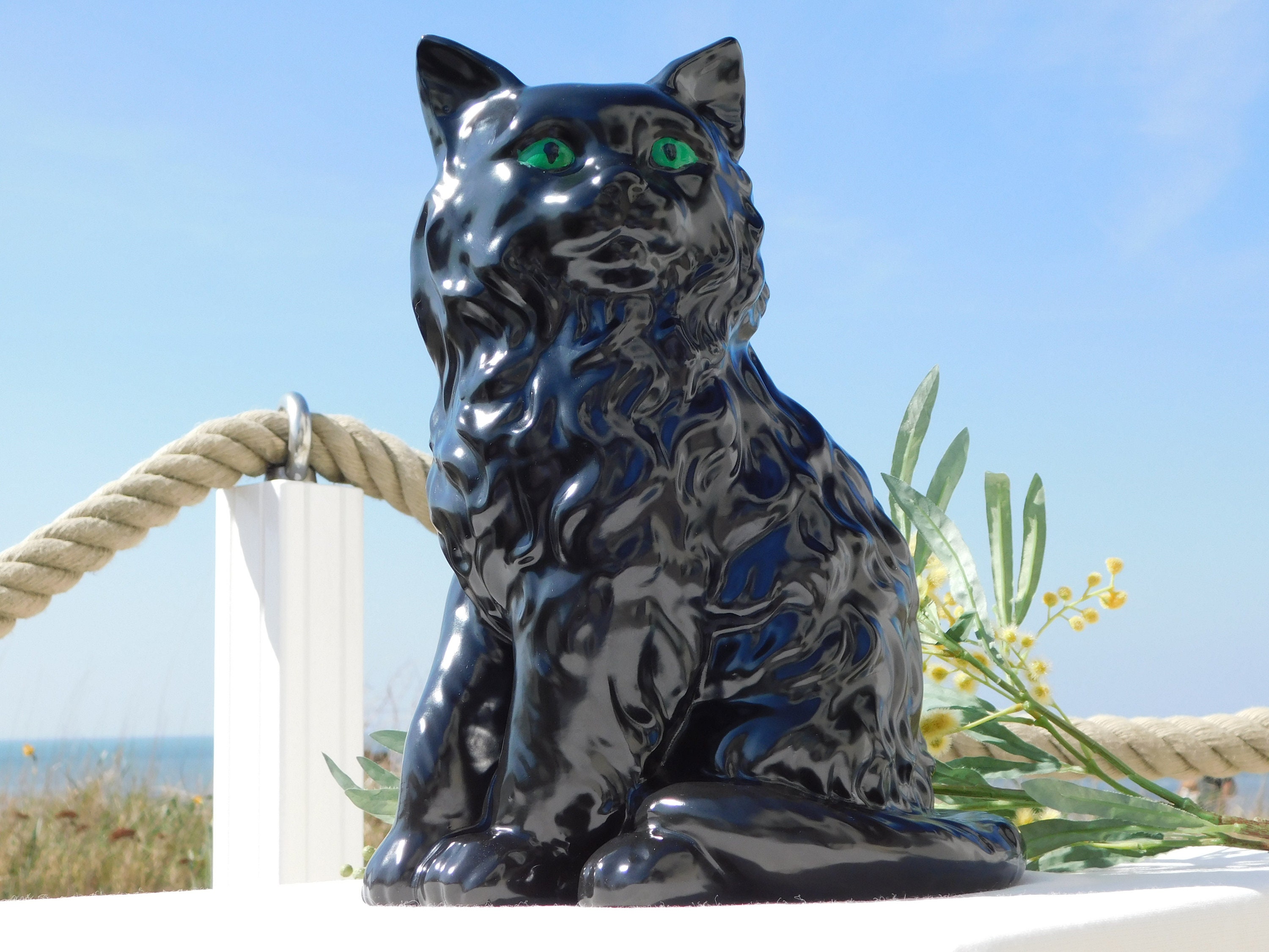 VINTAGE ZWARTE KAT Beeld.green Eyed Black Cat Figurine.chat