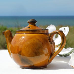 Può includere: Una teiera in ceramica con una smaltatura lucida color ambra. La teiera ha un corpo arrotondato, un manico curvo e un beccuccio. Il coperchio è marrone scuro con un piccolo pomello. La teiera è su una superficie bianca con uno sfondo sfocato dell'oceano.