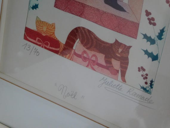 JULIETTE RAMADE CAT Noel Color Etching.artist Signed and Numbered