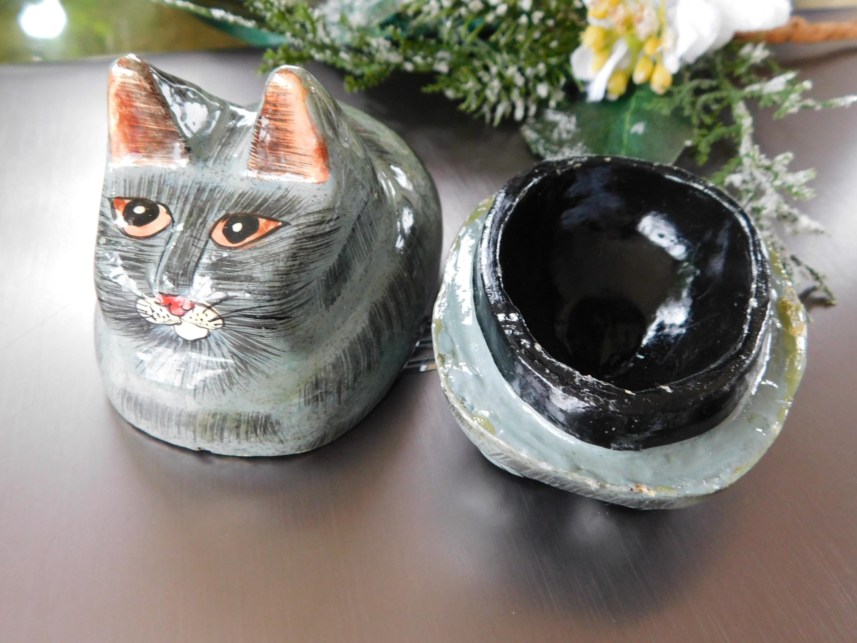 CAT SHAPED LACQUERED Trinket Box.vintage Gray Striped Cat Shaped