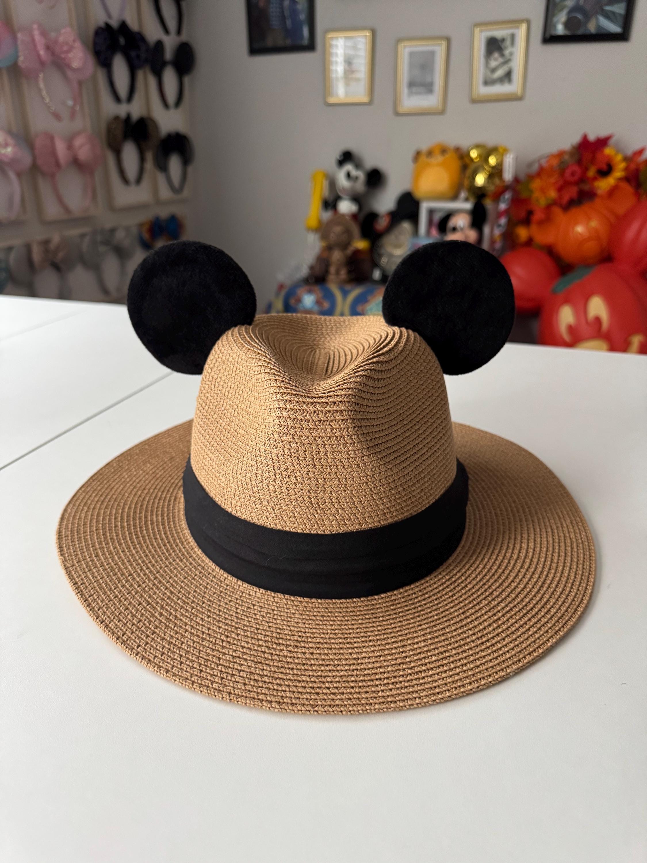 Woven Straw Boater Hat with Mouse Ears, Lightweight Breathable Sun Hat for Straw Boater Hat With SEWN ON Sturdy Mouse Ears Inspired by  main image 3