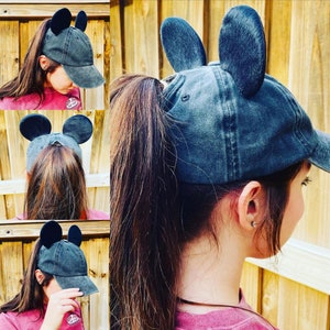 Mouse Ear Ponytail Distressed Hat