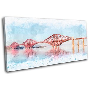 May include: Watercolor-style canvas print of a red bridge spanning a body of water. The bridge's intricate lattice structure is reflected in the calm water below. The sky is a soft blue with watercolor-like washes, creating a serene landscape.