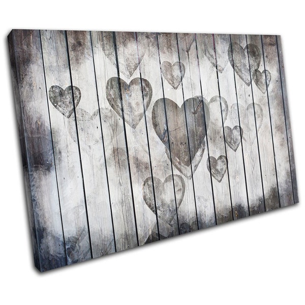 Love Hearts Shabby Chic Wood Effect Love Canvas Art Print Box Framed Picture Wall Hanging