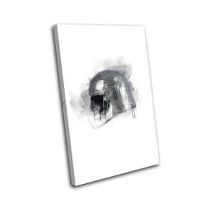 May include: A black and white watercolor painting of a helmet. The helmet is depicted in a stylized, abstract manner, with a focus on its shape and form. The background is a soft, gray wash.