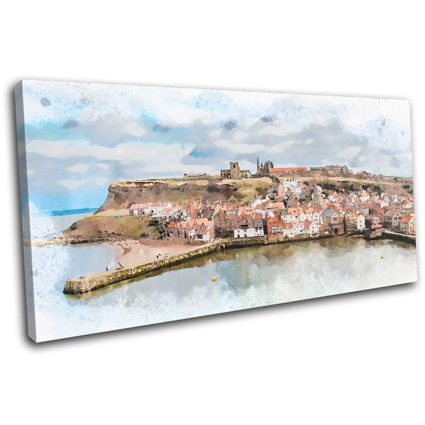 Whitby Seaside Painting Landmarks SINGLE  Canvas Art Print Box Framed Picture Wall Hanging