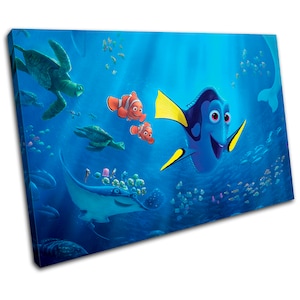 May include: A blue and yellow fish with a big smile swims in a blue ocean with a manta ray, sea turtles, and orange clownfish. The ocean is filled with colorful fish.