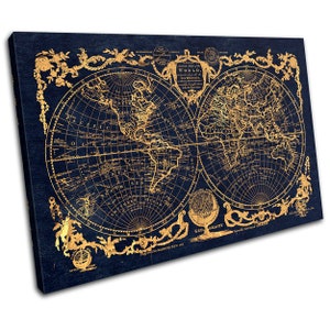 May include: A vintage world map with gold foil accents on a dark blue background. The map shows the continents of North America, South America, Europe, Asia, Africa, and Australia. The map is surrounded by a decorative border.