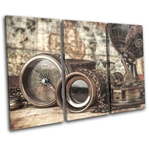 Atlas Travel Compass Retro Vintage TREBLE  Canvas Art Print Box Framed Picture Wall Hanging