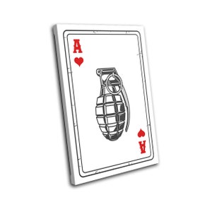 May include: A playing card with a black and white illustration of a grenade on a white background. The card is an Ace of Hearts and has red hearts in the corners.