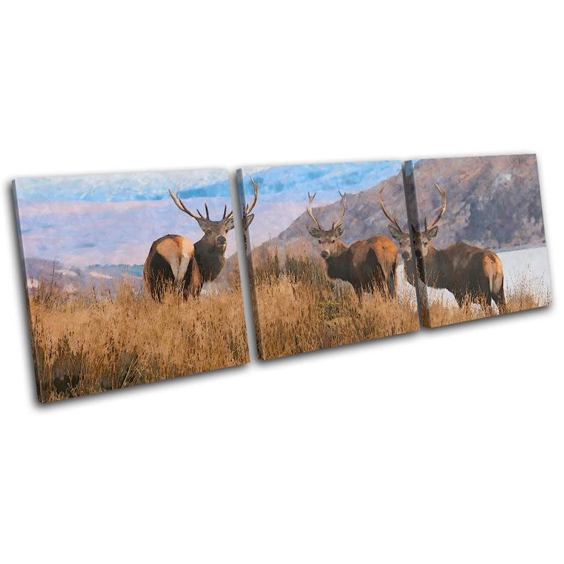 Stag Deer Abstract Highland Landscapes TREBLE Canvas Art Print Box Framed Picture Wall Hanging