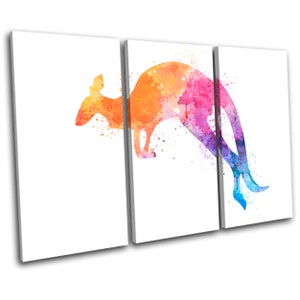 Watercolour Kangeroo Abstract Animals TREBLE  Canvas Art Print Box Framed Picture Wall Hanging
