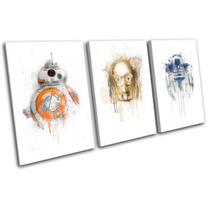 May include: A set of three watercolour paintings featuring characters from Star Wars. The first painting shows BB-8, a white and orange droid with a round body and a single eye. The second painting shows C-3PO, a gold droid with a human-like head and a silver body. The third painting shows R2-D2, a blue and white droid with a dome-shaped head and a rectangular body.
