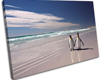 Penguins Beach Birds Sea Blue Tranquil Bathroom Animals Canvas Art Print Box Framed Picture Wall Hanging
