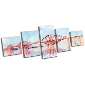 May include: A five-piece canvas print set featuring a watercolor painting of the Forth Rail Bridge in Scotland. The bridge is red and spans a body of water. The water reflects the bridge and the sky is a light blue with white clouds.