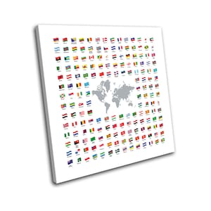 May include: A white canvas print with a world map in gray and a grid of flags from different countries. The flags are arranged in rows and columns, with each flag representing a different country.