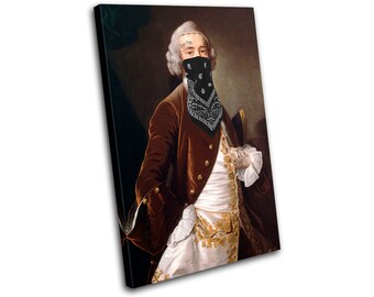 May include: A painting of a man wearing a black bandana over his face. He is wearing a brown velvet jacket with gold buttons and a white shirt with gold embroidery. The man has a tattoo on his arm.