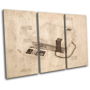 May include: A vintage-style illustration of a classic video game console and controller. The image is in black and white and has a sepia tone. The console is drawn in a detailed, technical style, as if it were a blueprint.