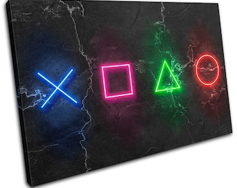 Play Station Symbols Neon Gaming SINGLE  Canvas Art Print Box Framed Picture Wall Hanging