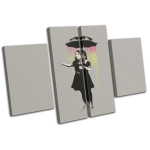 Girl Umbrella Rain Street Banksy Street MULTI  Canvas Art Print Box Framed Picture Wall Hanging