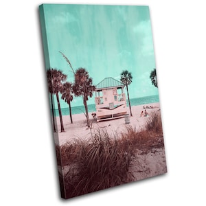 Pink Teal Beach Hut Summer Vintage SINGLE  Canvas Art Print Box Framed Picture Wall Hanging