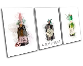 May include: Three watercolor paintings of bottles with Christmas decorations. The first bottle is champagne with a pink label that says "Merry Christmas". The second bottle is gin with a green holly sprig and the text "Gin". The third bottle is beer with a green label that says "Beer". The text "the SPIRITS of CHRISTMAS" is below the gin bottle.