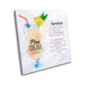 Pina Colada Cocktail Recipe Bar Vintage SINGLE  Canvas Art Print Box Framed Picture Wall Hanging