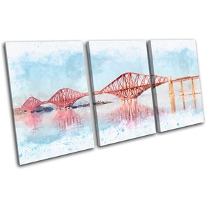 May include: A watercolor painting of the Forth Rail Bridge in Scotland. The bridge is red and spans a body of water. The painting is divided into three panels.