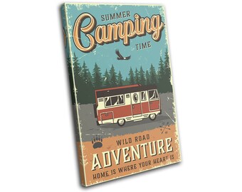 May include: Vintage style camping poster with a red and white camper van driving through a forest. The poster has the text "Summer Camping Time" and "Wild Road Adventure. Home is where your heart is."