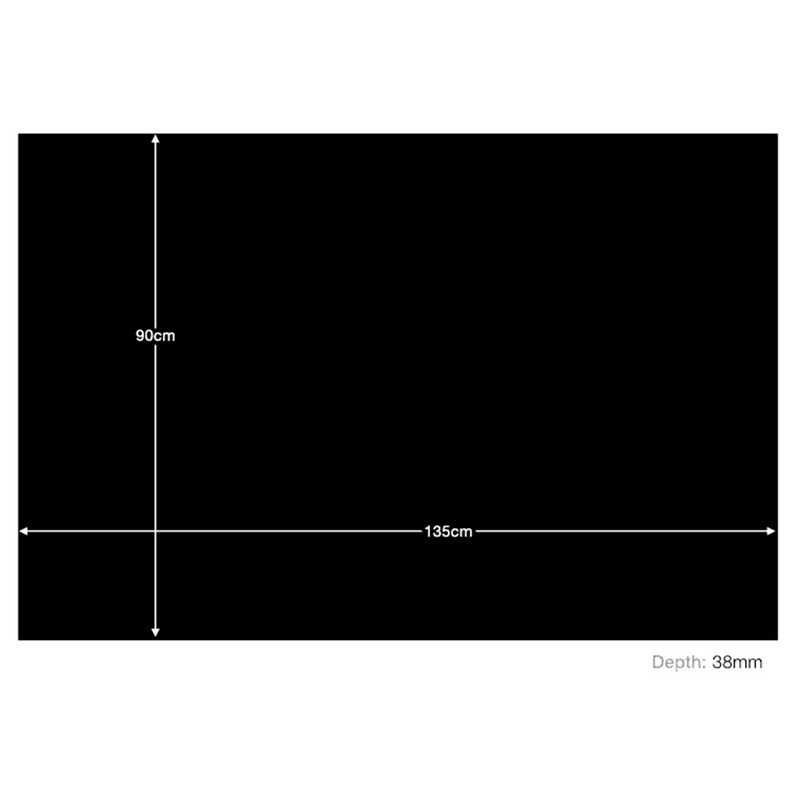 May include: A black rectangular object with white measurement lines indicating dimensions. The height is 90cm, the width is 135cm, and the depth is 38mm. The background is solid black.