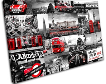 London Collage Red  Bus Underground Mini Cooper City Canvas Art Print Box Framed Picture Wall Hanging