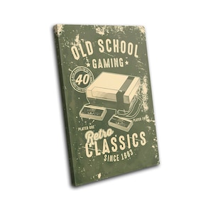 May include: A green and white vintage-style illustration of a retro video game console with the text "Old School Gaming", "Retro Classics", and "Since 1983".