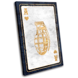 May include: A playing card with a gold outline and a white background. The card is the Ace of Hearts and features a gold grenade illustration. The card has a blue border.