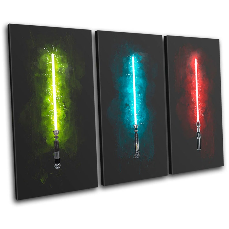 May include: Three abstract watercolor paintings of lightsabers. The lightsabers are green, blue, and red. The lightsabers are set against a dark background.