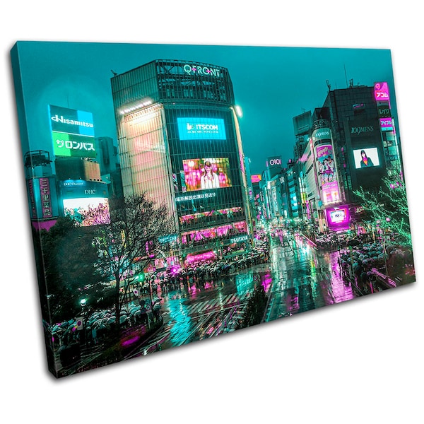 Tokyo Japan Neon Pink Teal City SINGLE  Canvas Art Print Box Framed Picture Wall Hanging