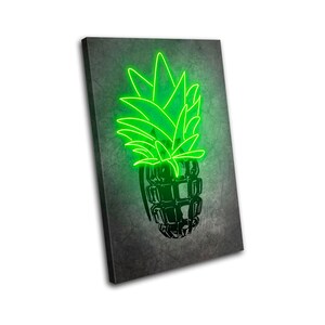 May include: A green neon pineapple with a black grenade shape. The pineapple is on a grey textured background.