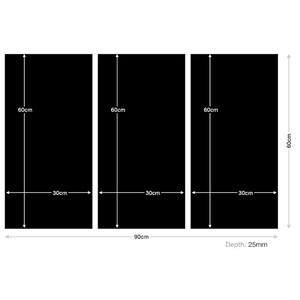 May include: Three black canvas panels, each measuring 30 inches wide by 60 inches tall, arranged side-by-side. The panels are separated by a 3-inch gap. The total width of the three panels is 90 inches. The depth of the panels is 25 millimeters.