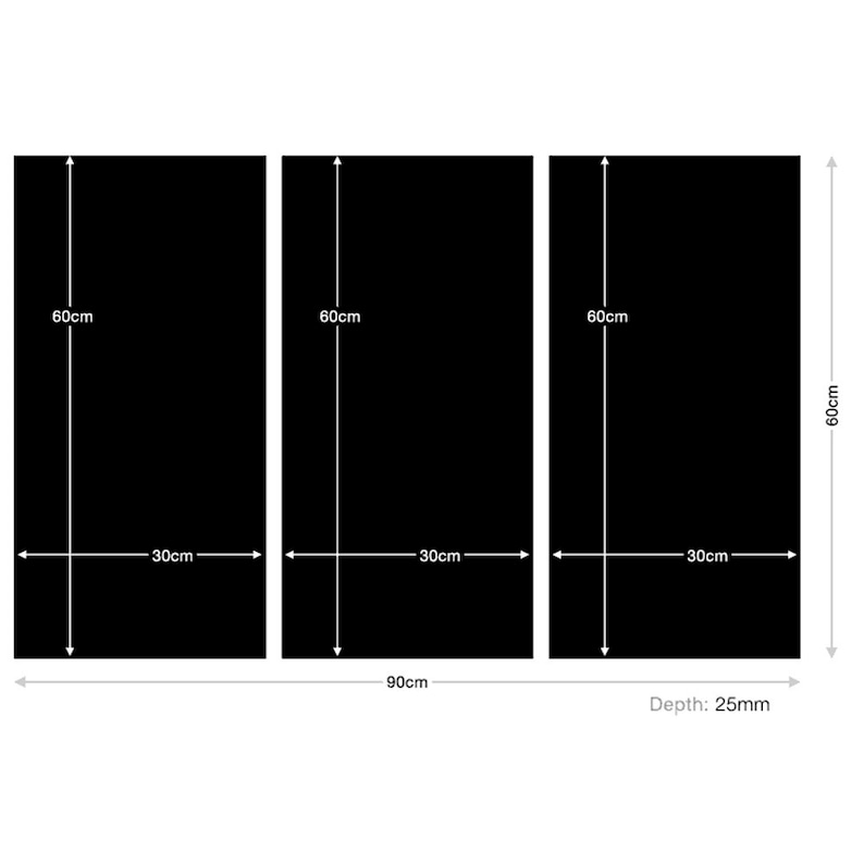 May include: Three black canvas panels, each measuring 30 inches wide by 60 inches tall, arranged side-by-side. The panels are separated by a 3-inch gap. The total width of the three panels is 90 inches. The depth of the panels is 25 millimeters.