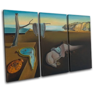 May include: A three-panel canvas print of Salvador Dali's "The Persistence of Memory". The painting features a surreal landscape with melting clocks, a tree, and a rocky shore. The colours are muted and earthy, with shades of brown, blue, and green.