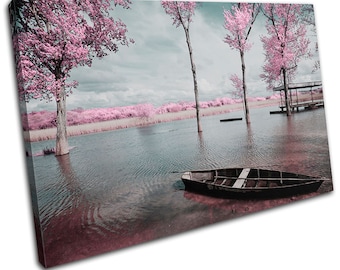 Lake Tree Blossom Pink Sunset Seascape Canvas Art Print Box Framed Picture Wall Hanging